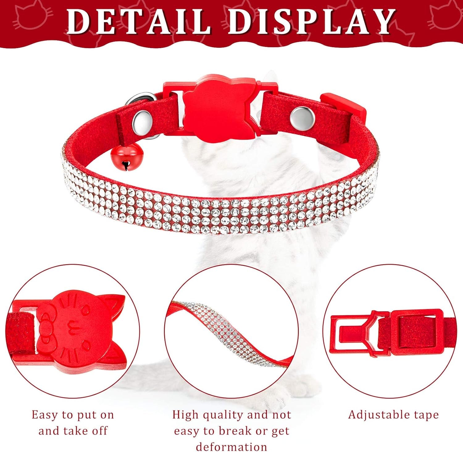 4 Pcs Rhinestone Cat Collar Heart Bling Breakaway Girl Cat Soft Velvet Fancy Adjustable Safety Kitten Collar with Bell for Kitty(Red, Black)