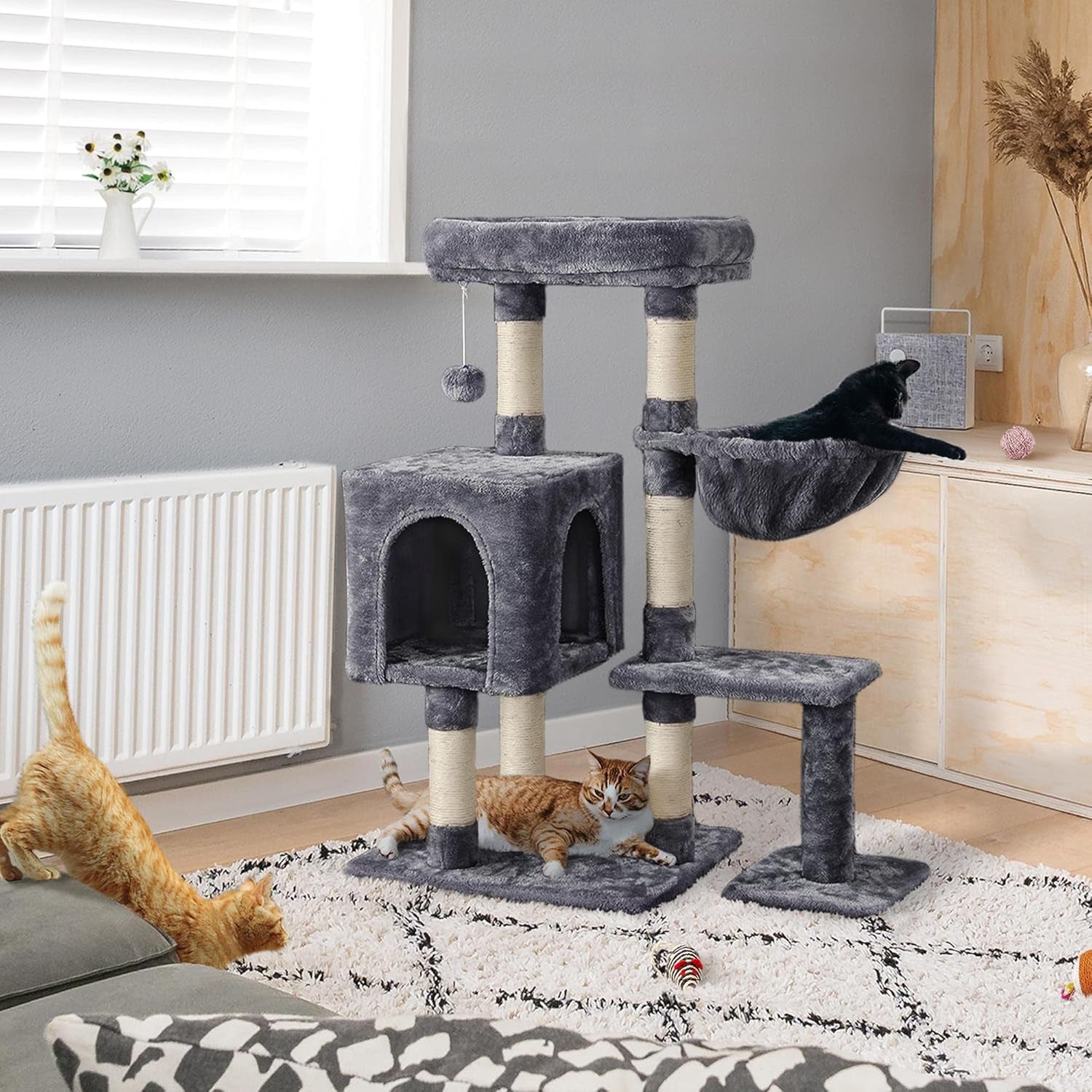 Cat Tree, 38In Cat Tower Condo with Large Padded Perch, Scratching Posts for Indoor Kitten, Furniture, Dark Gray