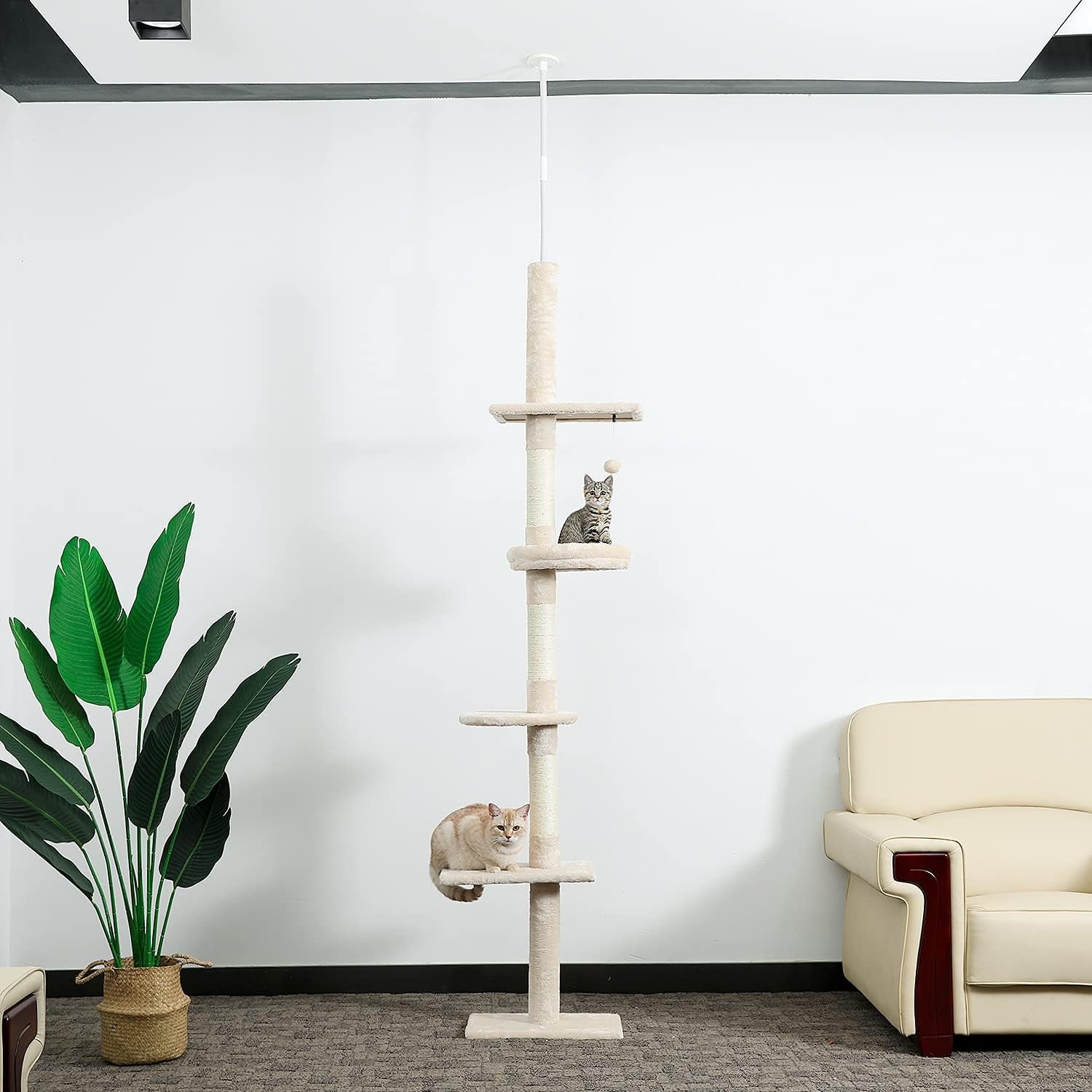 5-Tier Beige Cat Tree, 95-107 Inches, Scratching Post, Climbing Activity Structure for Indoor Cats