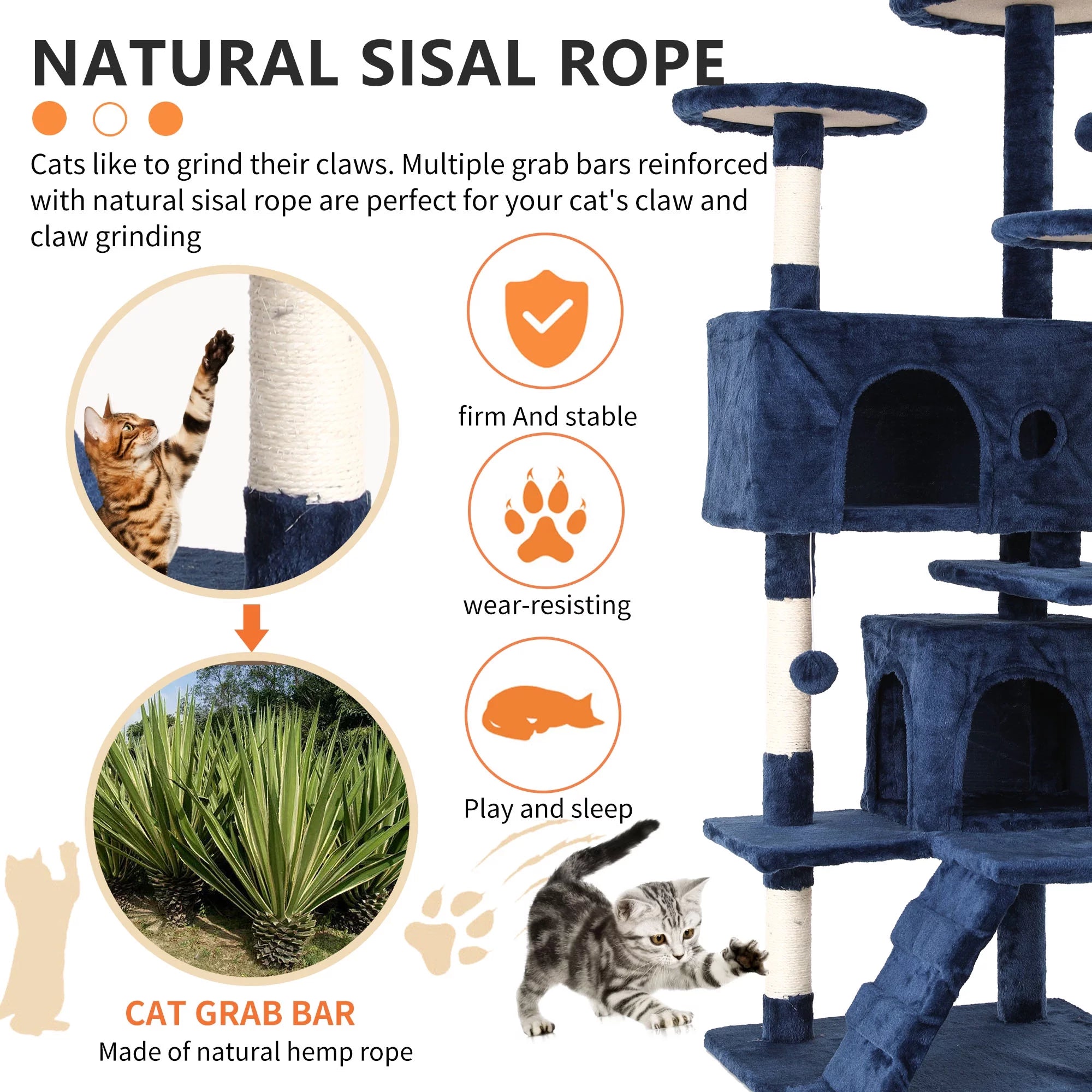 54 Inch Cat Trees and Towers for Indoor Cats, Cat Condo Scratching Post for Adult Cats, Multi-Level Cat Towers for Small Cats, Navy Blue