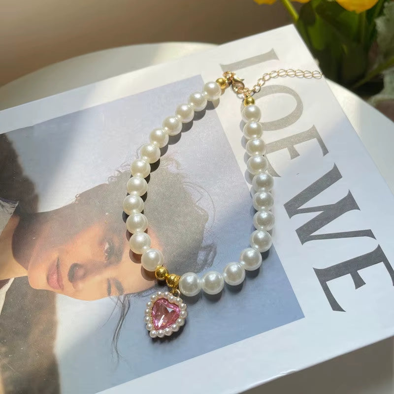 TONG Luxury Pearl Pet Collar Pet Cat Dog Collar Love Pendant Pet Supplies Love Crystal Collar Kitten Collar Cat Necklace