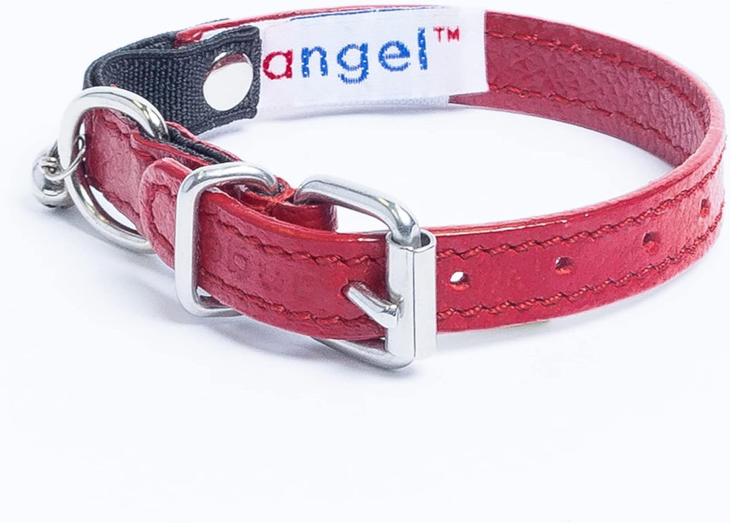 Leather Cat Collar W Safety Elastic Stretch, 12" X1/2", Red, 100% Genuine Leather (Alpine) Light Weight, Riveted Settings, for Neck Size:8.75"-10.75"