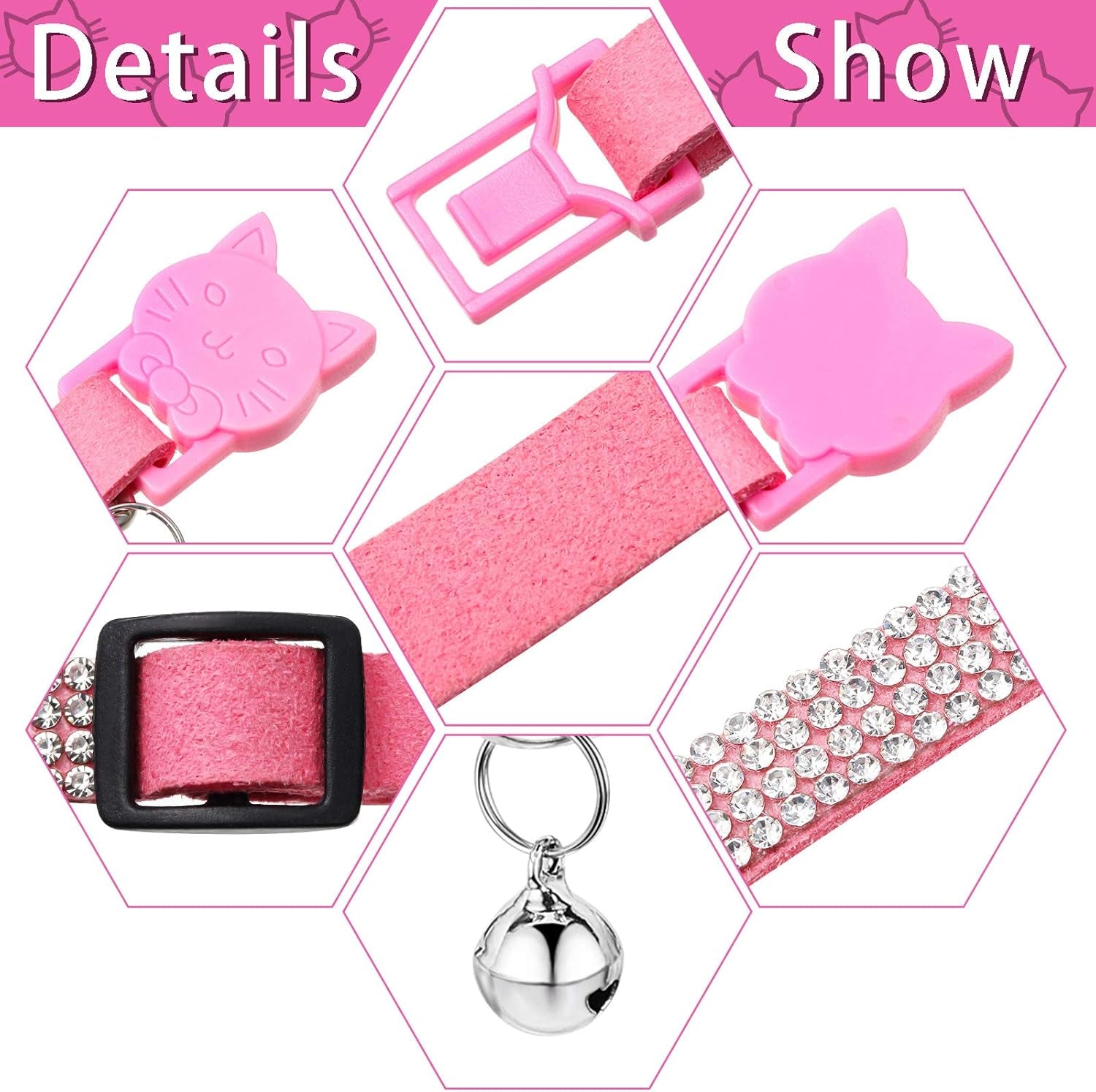 4 Pieces Rhinestones Cat Collars Breakaway Cat Collar with Bell Bling Pet Accessories with Soft Velvet, 4 Colors(Xs,Gold, Red, Pink, Black)