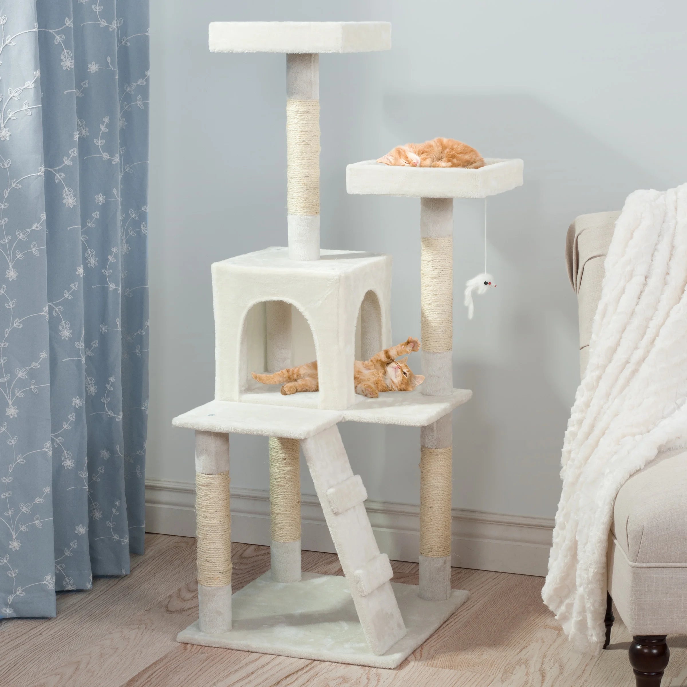 PETMAKER Cat Tree with 2 Perches, Condo, 5 Scratch Posts, and Toy (White)