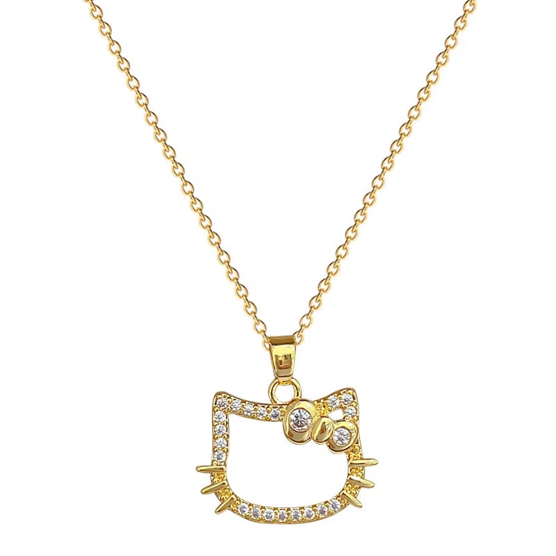 Cartoon Hello Kitty Gold Necklace for Girls Kawaii Sanrio Pendant Kt Cat Jewelry Y2K Neck Chain Accessories Women Christmas Gift