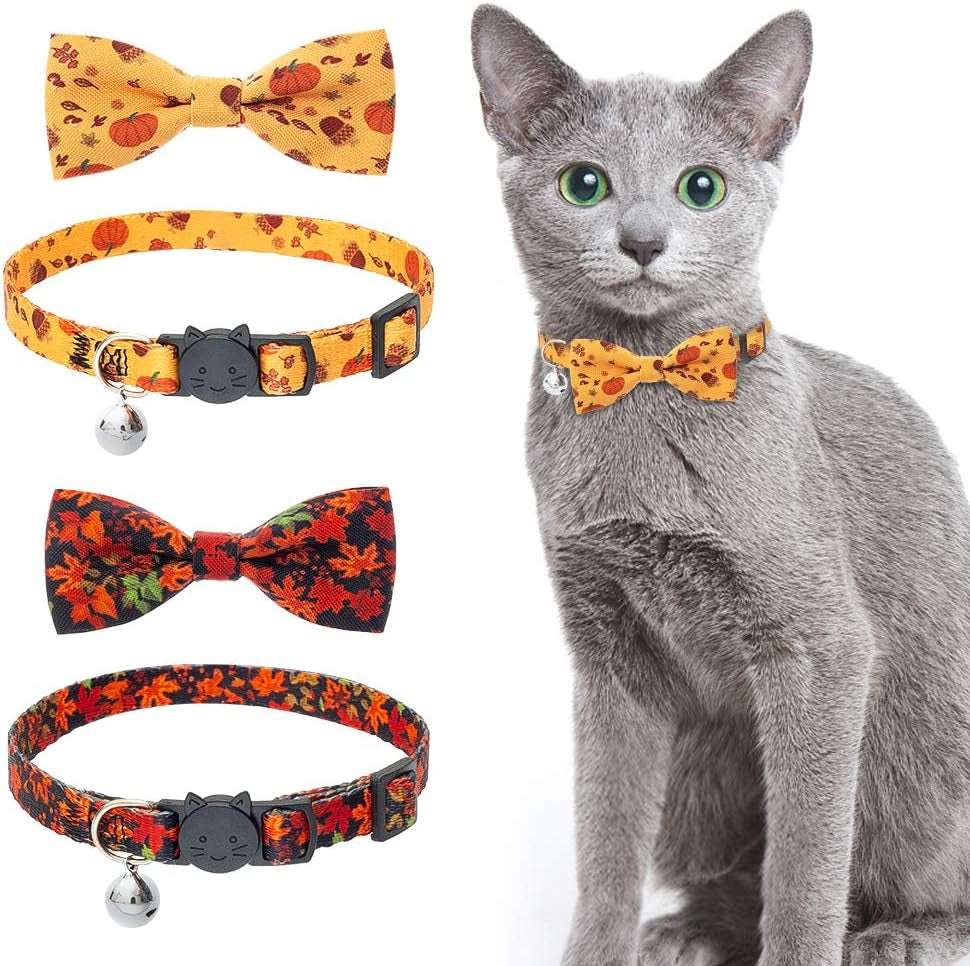 Thanksgiving Cat Collar Bowtie - 2 Pack Cute Floral Fall Pattern Pet Breakaway Collars with Clear Bell for Cats Puppies Kittens, Maple Leaves & Pumpkin, Summer and Autumn