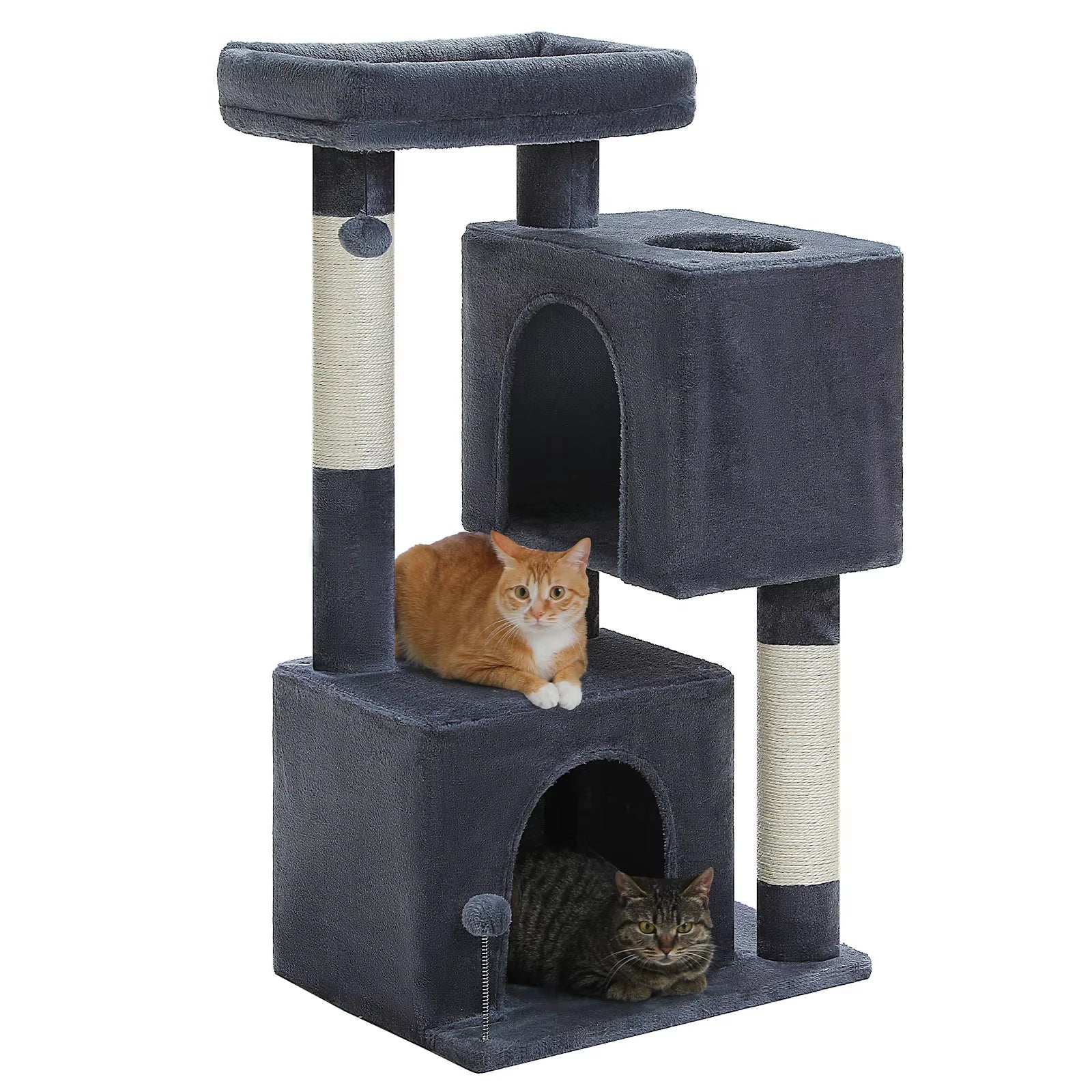 110CM Cat Tree with Scratching Post Interactive Ball Spacious Caves Multi-Level Cat Tower Large Cat Condos for Indoor Cat Toys