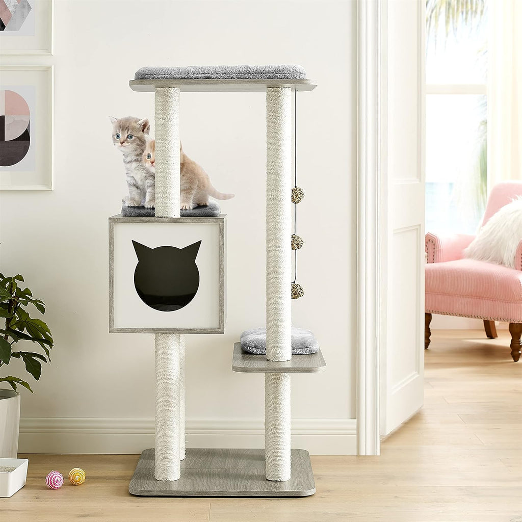 Elegant Wooden Modern Cat Tree Cat Condo Multi-Level Towers Cat Activity Tower with Scratching Posts, with Removable and Washable Mats (Grey High Tower)