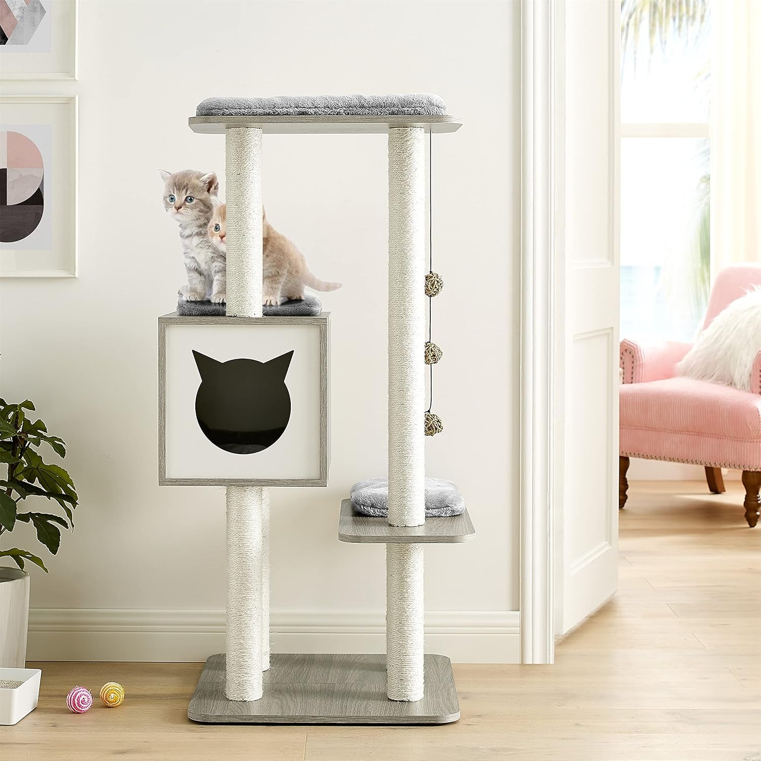 Elegant Wooden Modern Cat Tree Cat Condo Multi-Level Towers Cat Activity Tower with Scratching Posts, with Removable and Washable Mats (Grey High Tower)