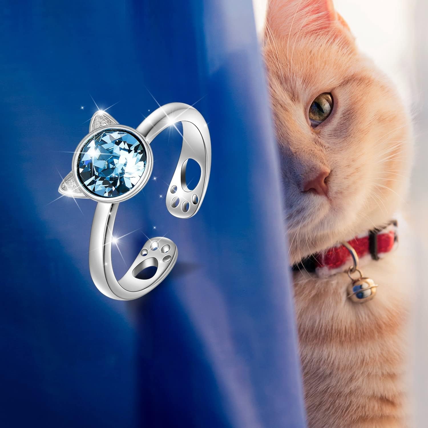 925 Sterling Silver Cat Ring Cute Kitty Animal Ring for Animal Lovers Women Teen Girls Mom, Made with Austrian Crystal