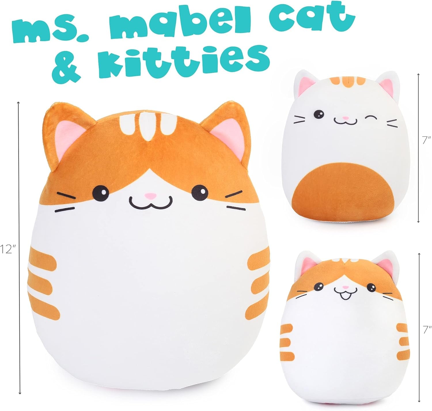 Cat Plush Toy, Set of 3, 12'' and 7'' Squishy Kitty Stuffed Animal Toy Hugging Pillow, Soft Cushion Plushies Gift for Kids, Easter Basket Stuffers
