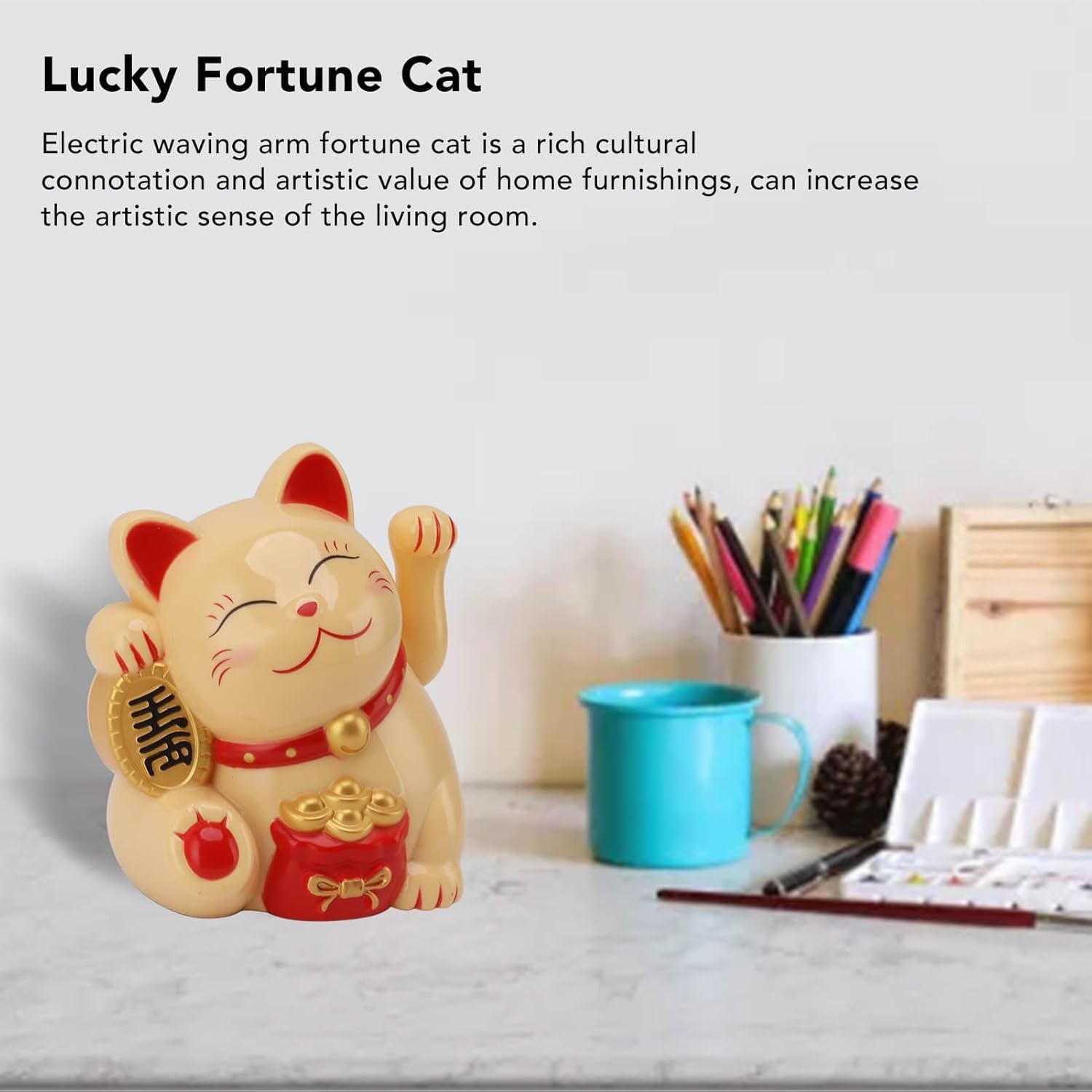 Waving Cat, Solar Powered Cute Waving Cat Good Luck Wealth Welcoming Cats Home Display Car Decor Feng Shui Decoration (Yellow)