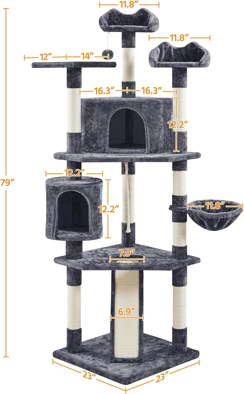 Multi-Level Cat Trees Cat Towers 79In Cat Tree for Indoor Cats with Sisal-Covered Scratching Posts, Plush Perches and Stable Condo for Kittens, Cats and Pets, Dark Gray