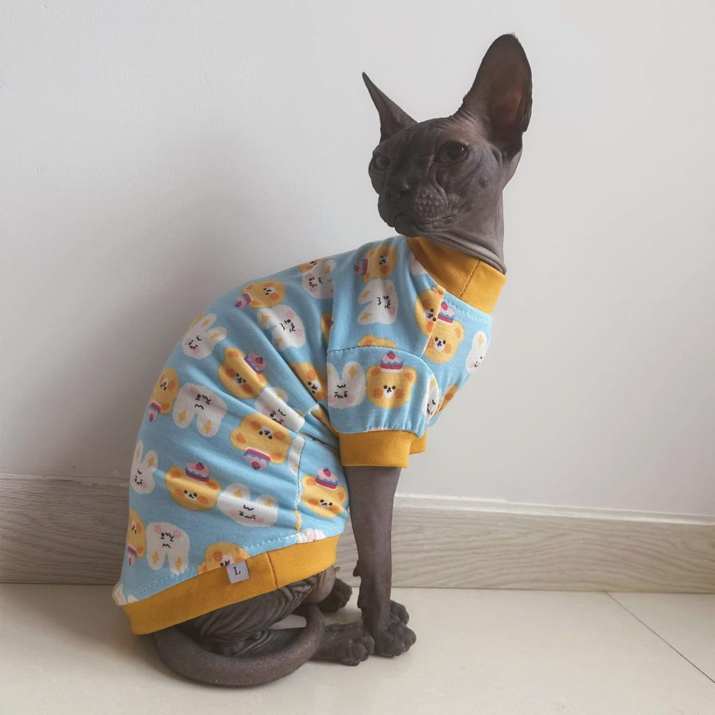 Sphynx Hairless Cat Cute Summer Cotton T-Shirts Pet Clothes,Round Collar Kitten Shirts Cats Apparel (Bear & Bunny, X-Large (Pack of 1))