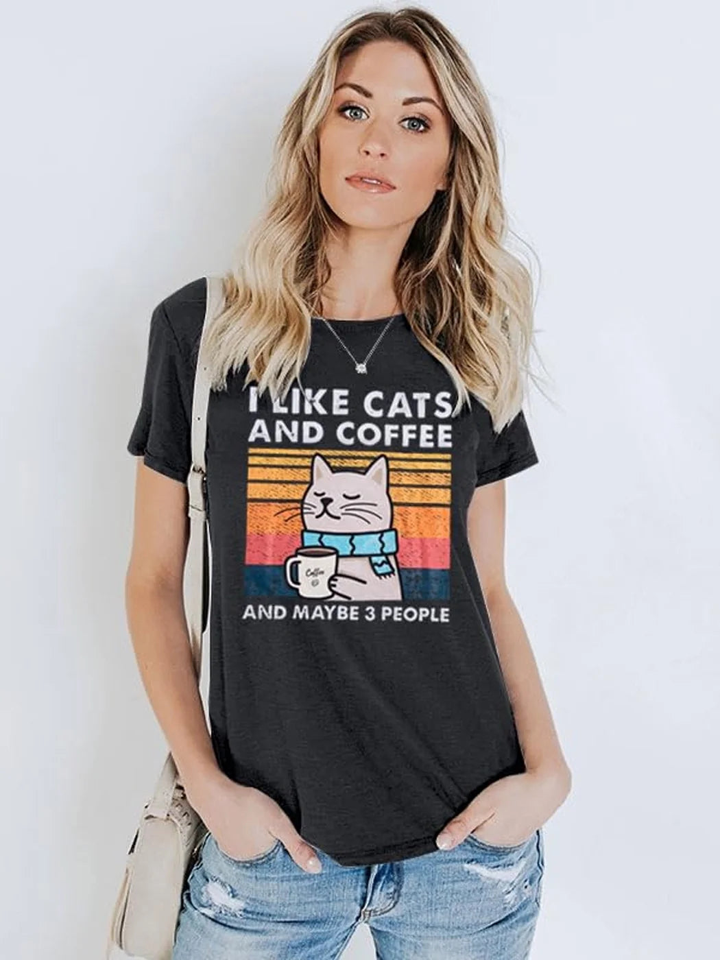 Cat Shirt I like Cats and Coffee and Maybe 3 People Graphic T-Shirt Vintage Cat Lover Shirts Retro Coffee Lover Gift Tee Tops