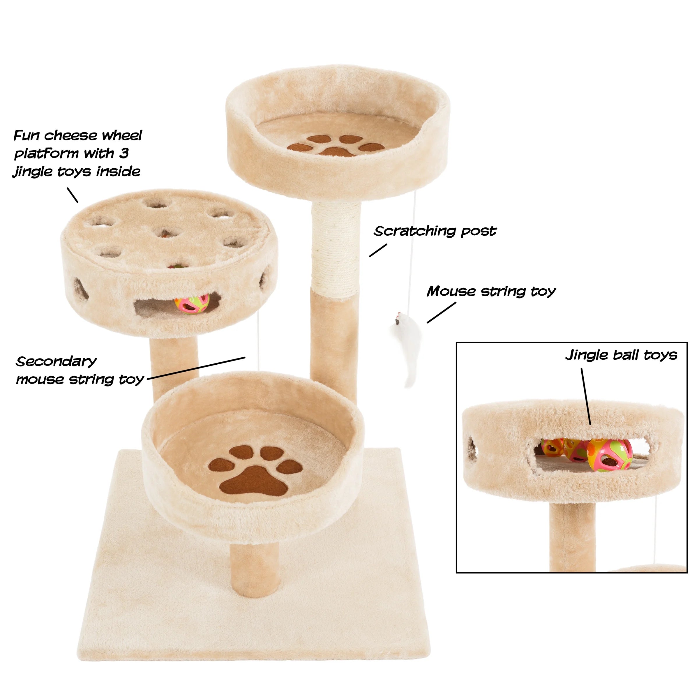 Tall Cat Tree Condo with Perches, Scratch Post, and Wheel Toy
