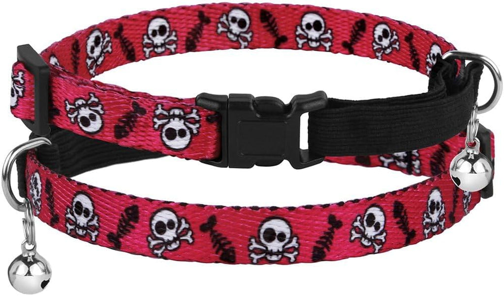 Skull Cat Collar Breakaway with Bell Pack of 2 PCS, Adjustable Kitten Collar for Cats Safety Elastic Strap Black Pink Orange Green Blue Red (Red-Black)