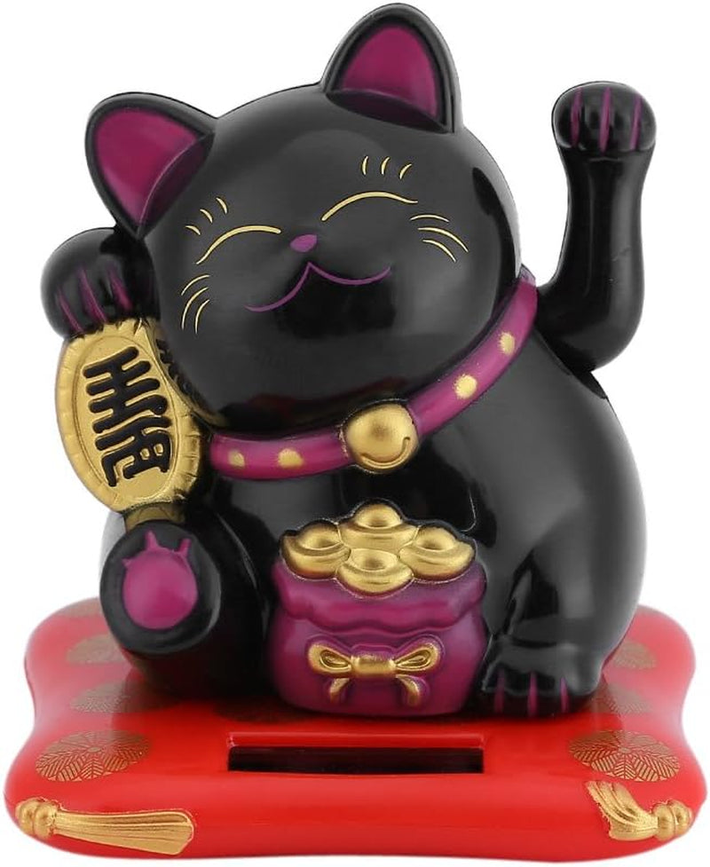Solar-Powered Waving Cat - Feng Shui Decor, Good Luck Wealth Home Display Car Decor - Black