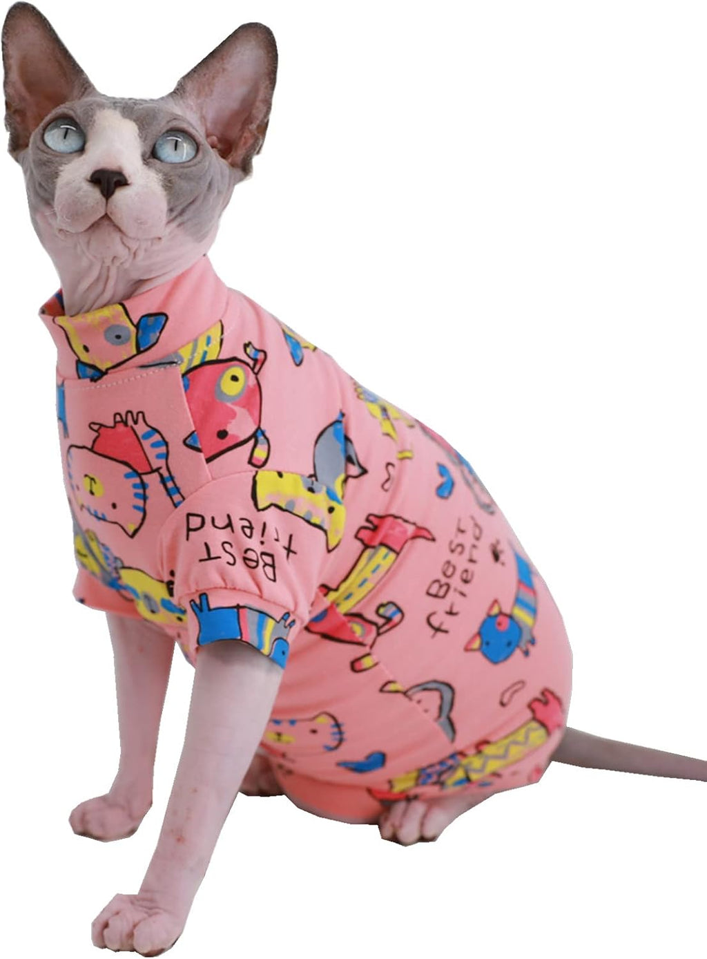 Sphynx Hairless Cat Cute Summer Cotton T-Shirts Pet Clothes,Round Collar Kitten Shirts Cats Apparel (Pink Cat, Medium (Pack of 1))