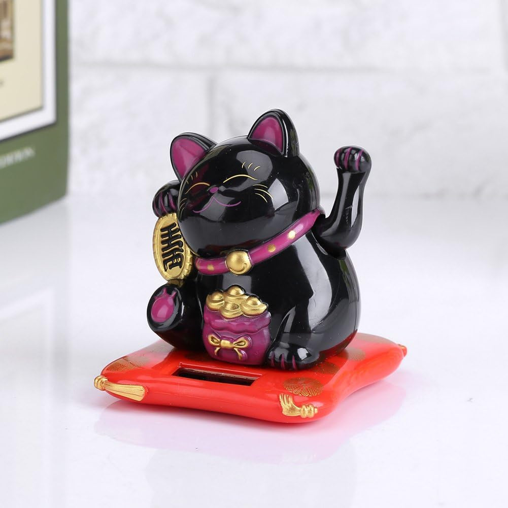 Solar-Powered Waving Cat - Feng Shui Decor, Good Luck Wealth Home Display Car Decor - Black