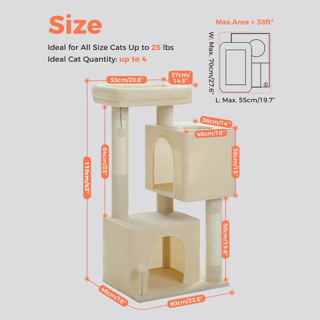 110CM Cat Tree with Scratching Post Interactive Ball Spacious Caves Multi-Level Cat Tower Large Cat Condos for Indoor Cat Toys