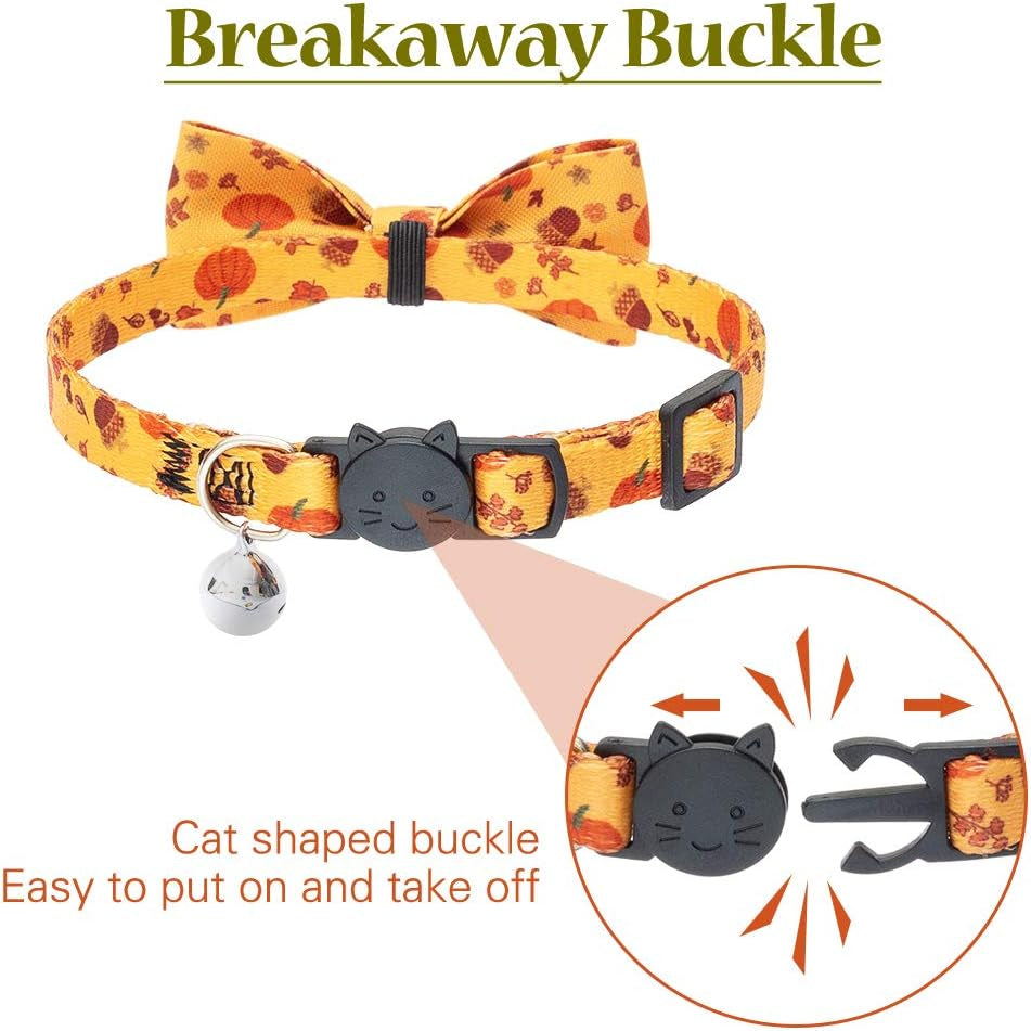 Thanksgiving Cat Collar Bowtie - 2 Pack Cute Floral Fall Pattern Pet Breakaway Collars with Clear Bell for Cats Puppies Kittens, Maple Leaves & Pumpkin, Summer and Autumn