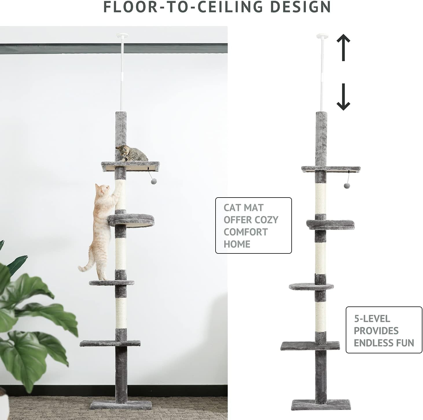 Cat Tower 5-Tier Floor to Ceiling Cat Tree Height Adjustable(95-107 Inches), Tall Cat Climbing Tree Featuring with Scratching Post, Cozy Bed,Interactive Ball Toy for Indoor Cats/Kitten(Grey