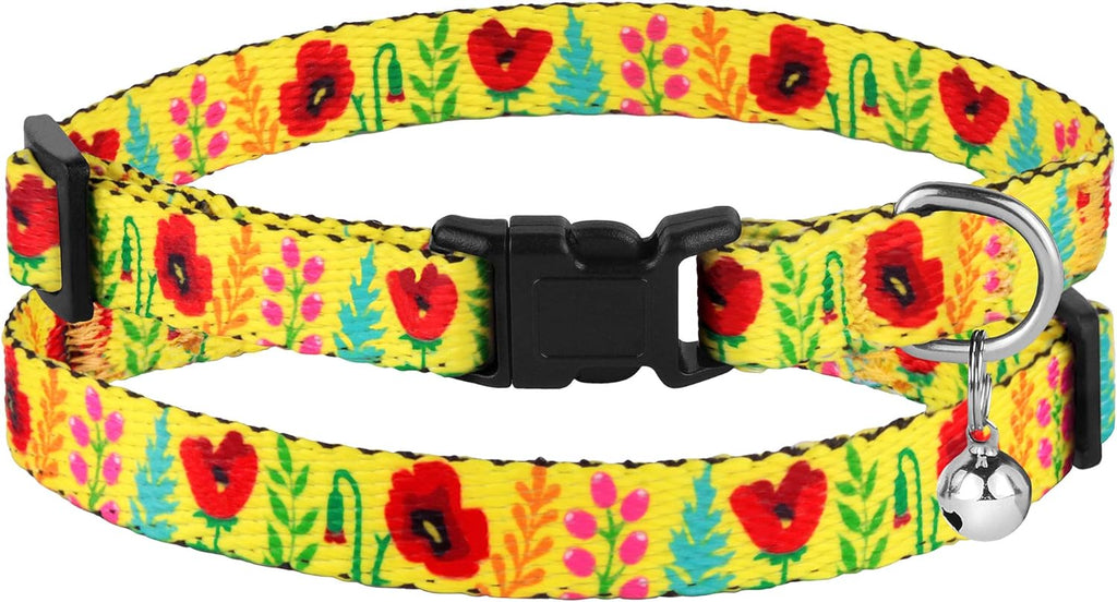 Cat Collar with Removable Bell Floral Pattern 2 Pack Set Flower Adjustable Safety Breakaway Collars for Cats Kitten