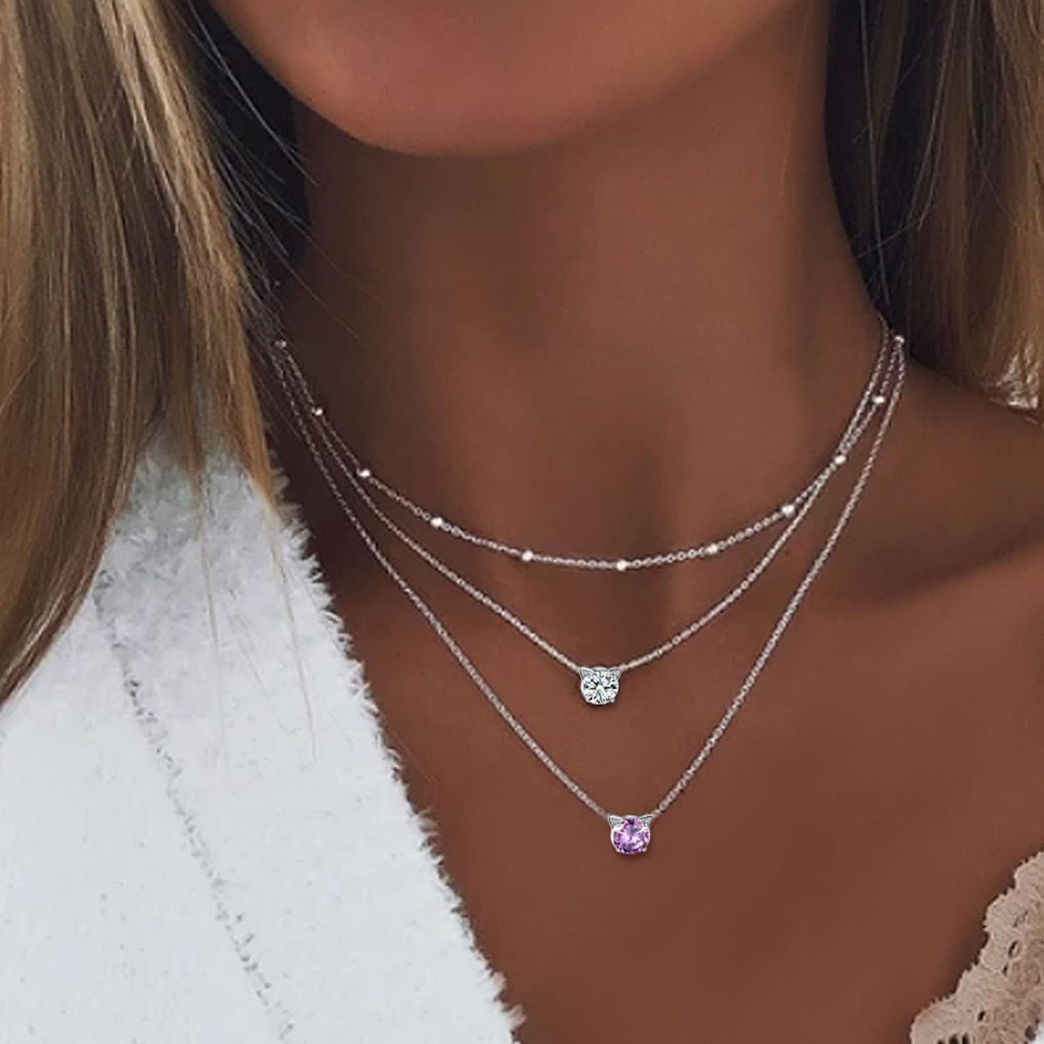 Sterling Silver Birthstone Necklace for Women,Dainty Silver Pendant Necklace with round Cubic Zirconia,16"-18"