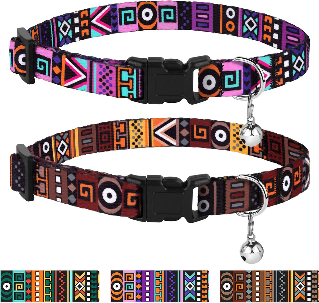 2 PCS Breakaway Cat Collar with Bell Tribal Nylon Pet Collars for Cats Kitten (Pattern 2 + Pattern 3)