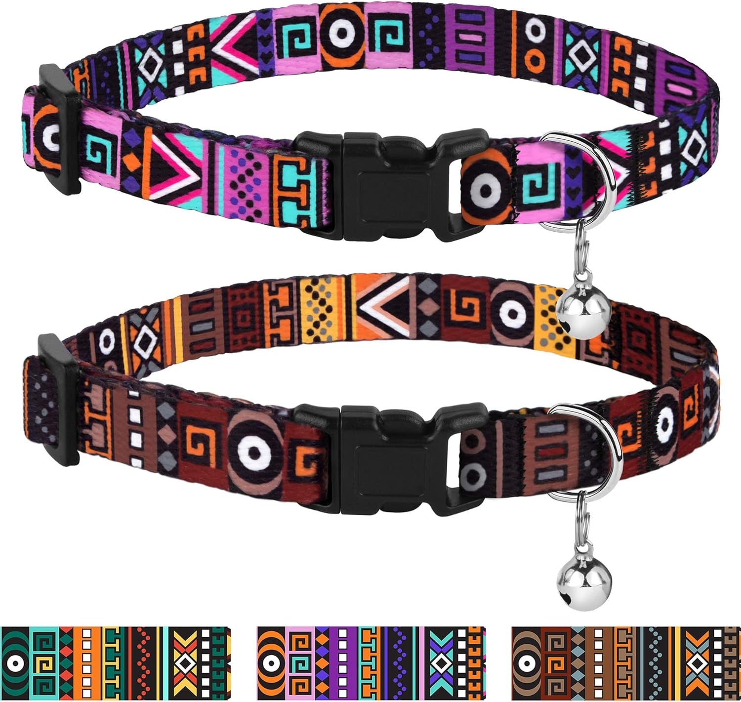 2 PCS Breakaway Cat Collar with Bell Tribal Nylon Pet Collars for Cats Kitten (Pattern 2 + Pattern 3)