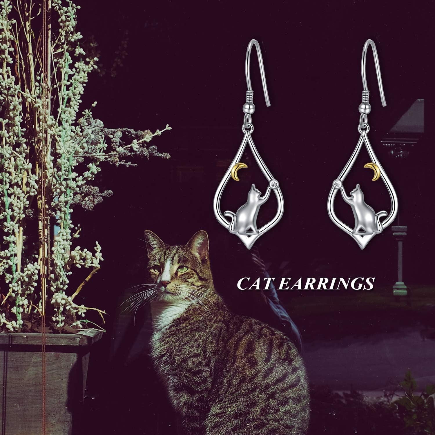 Cat Earrings for Women Sterling Silver Cat Moon Dangle Drop Hooks Earrings Animal Cat Jewelry Pet Gifts for Cat Lovers Mom Birthday
