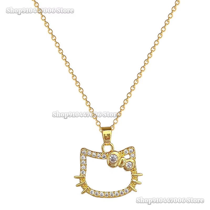 Cartoon Hello Kitty Gold Necklace for Girls Kawaii Sanrio Pendant Kt Cat Jewelry Y2K Neck Chain Accessories Women Christmas Gift