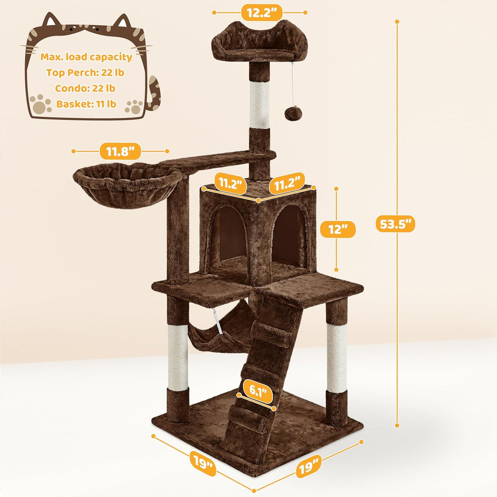 54In Cat Tree, Multi-Level Cat Tower with Scratching Posts, Spacious Condo and Hammock, Ideal Activity Center for Indoor Kittens, Brown