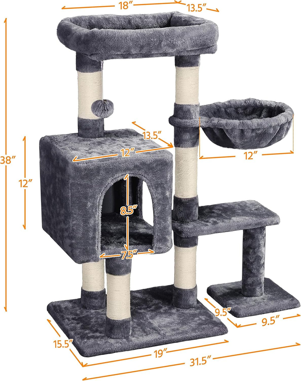 Cat Tree, 38In Cat Tower Condo with Large Padded Perch, Scratching Posts for Indoor Kitten, Furniture, Dark Gray
