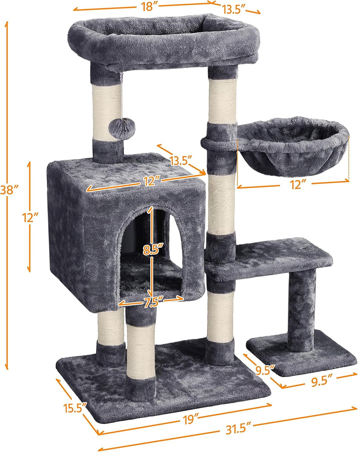 Cat Tree, 38In Cat Tower Condo with Large Padded Perch, Scratching Posts for Indoor Kitten, Furniture, Dark Gray