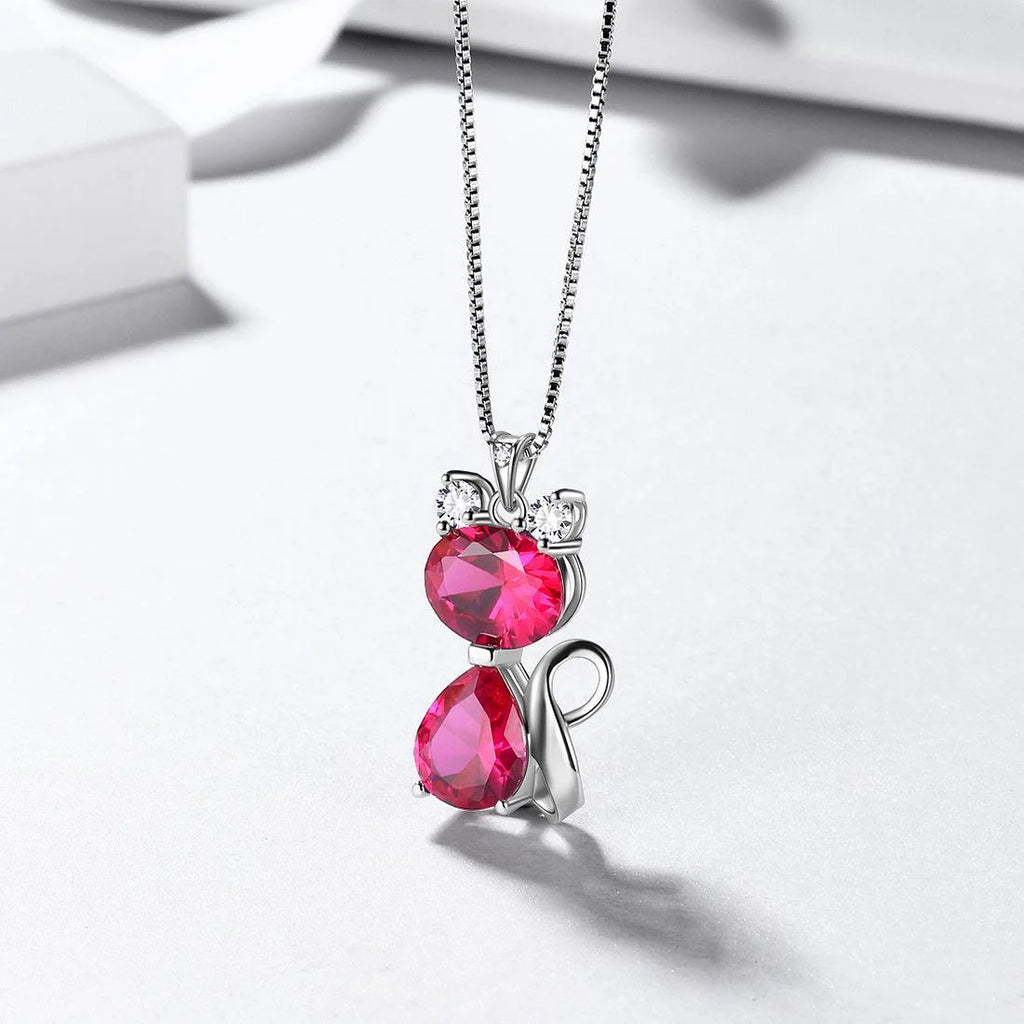 July Birthstone Necklace Cat Pendant Charms Red Ruby Necklaces 925 Sterling Silver Jewelry Women Daughter Wife Mother Christmas Birthday Gift