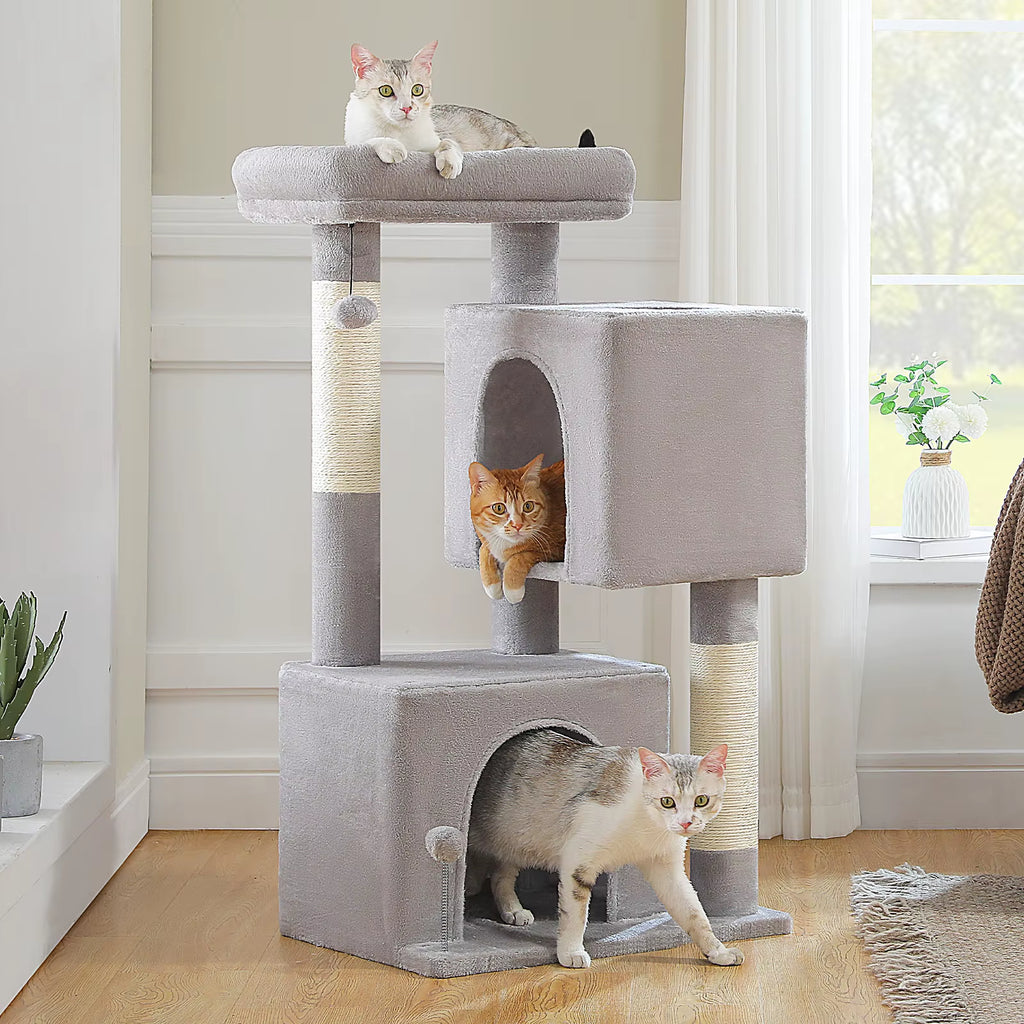 110CM Cat Tree with Scratching Post Interactive Ball Spacious Caves Multi-Level Cat Tower Large Cat Condos for Indoor Cat Toys