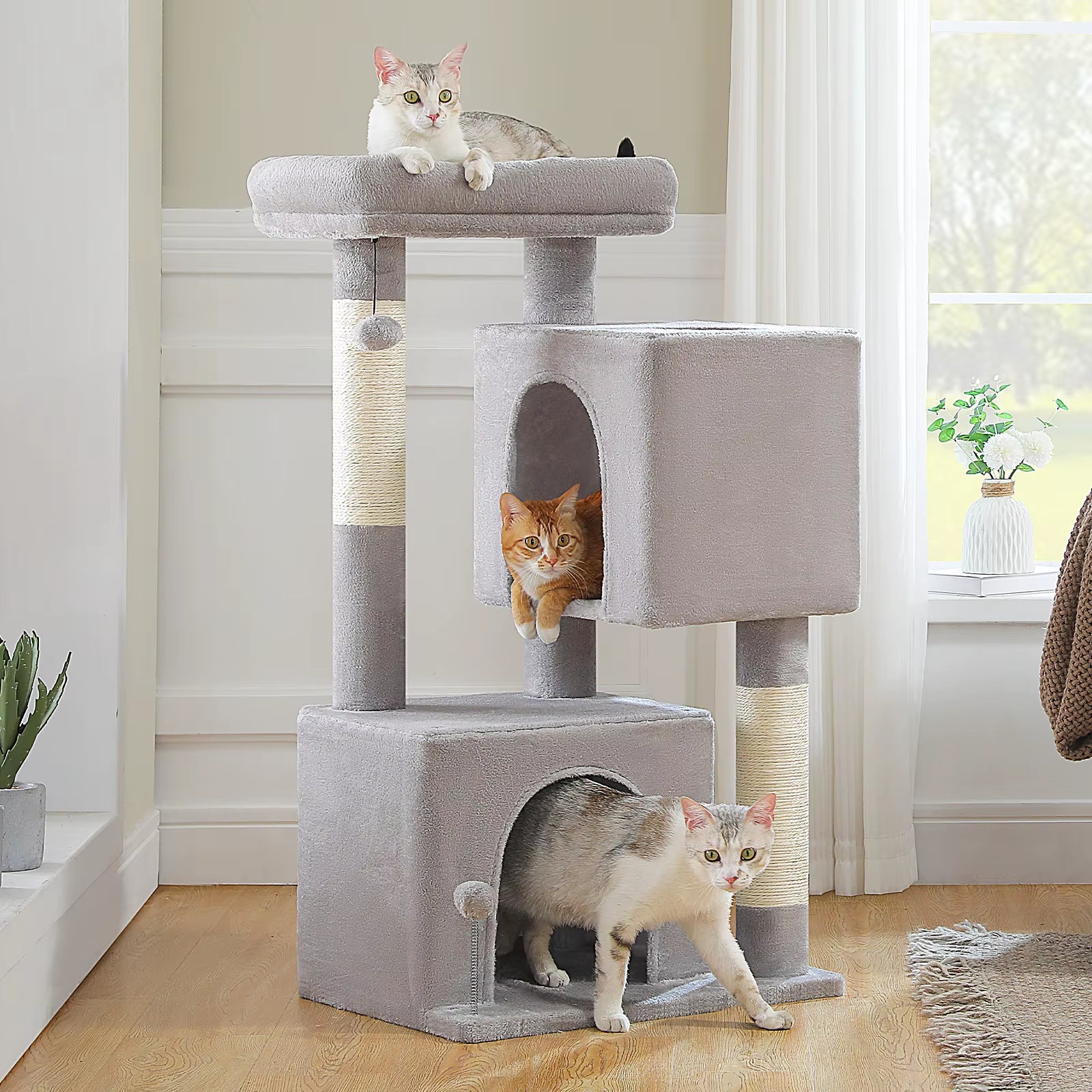 110CM Cat Tree with Scratching Post Interactive Ball Spacious Caves Multi-Level Cat Tower Large Cat Condos for Indoor Cat Toys