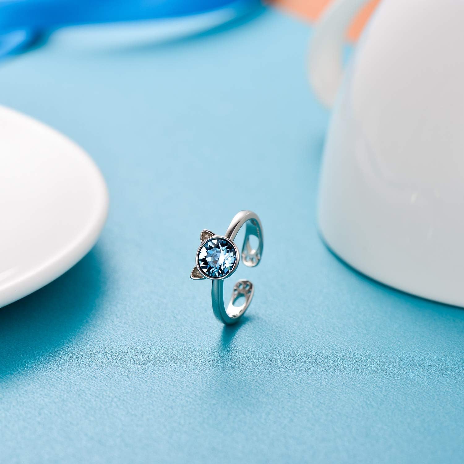 925 Sterling Silver Cat Ring Cute Kitty Animal Ring for Animal Lovers Women Teen Girls Mom, Made with Austrian Crystal