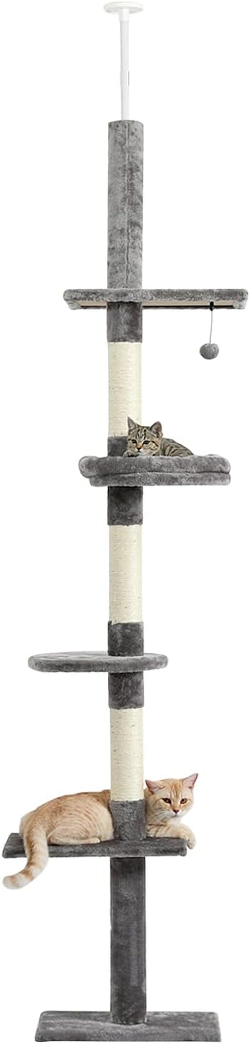 Cat Tower 5-Tier Floor to Ceiling Cat Tree Height Adjustable(95-107 Inches), Tall Cat Climbing Tree Featuring with Scratching Post, Cozy Bed,Interactive Ball Toy for Indoor Cats/Kitten(Grey
