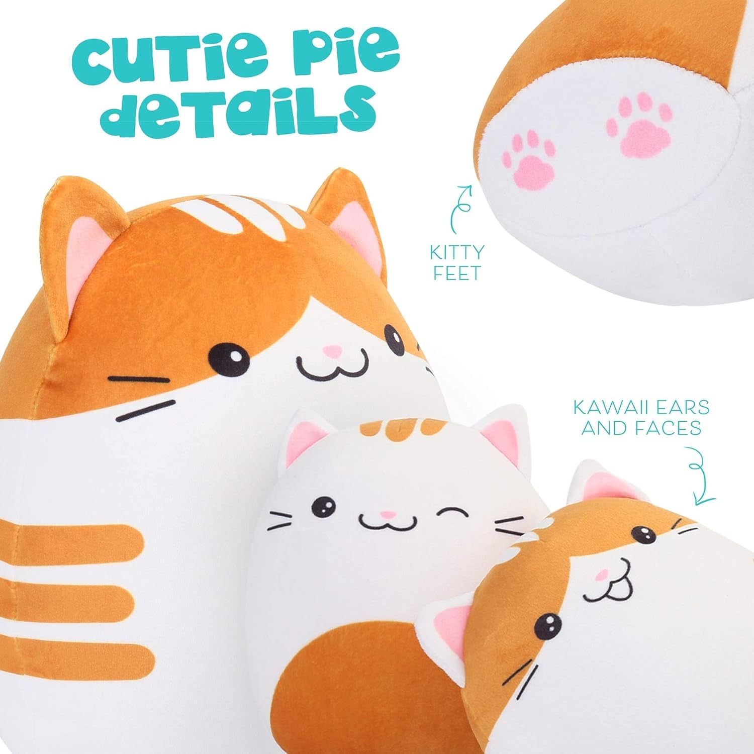 Cat Plush Toy, Set of 3, 12'' and 7'' Squishy Kitty Stuffed Animal Toy Hugging Pillow, Soft Cushion Plushies Gift for Kids, Easter Basket Stuffers