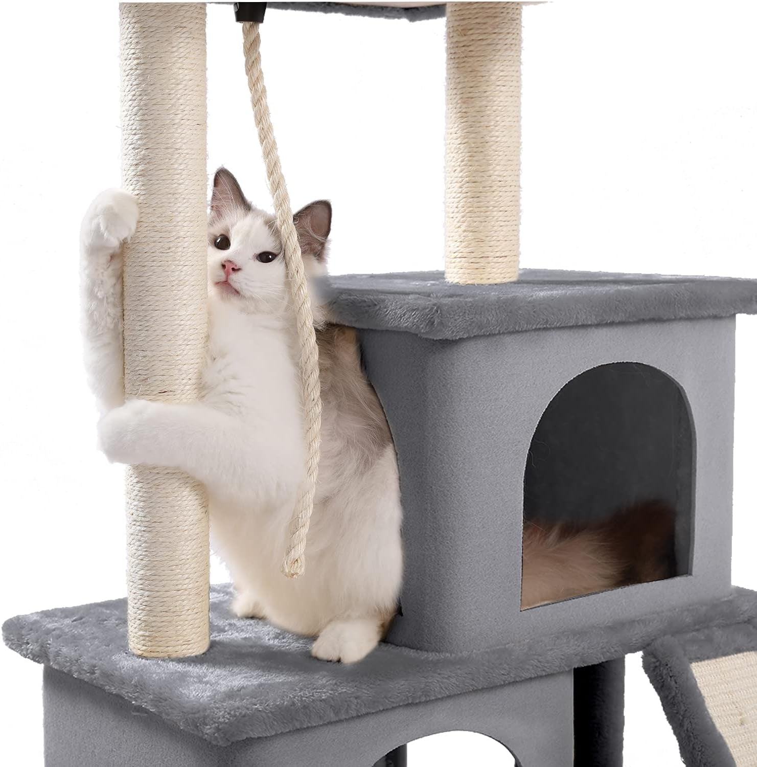 Cat Tree Multilevel and Luxury Cat Towers 50 Inches with 2 Condos, Spacious Perches, Scratching Post, Dangling Balls and Ramp-Gray