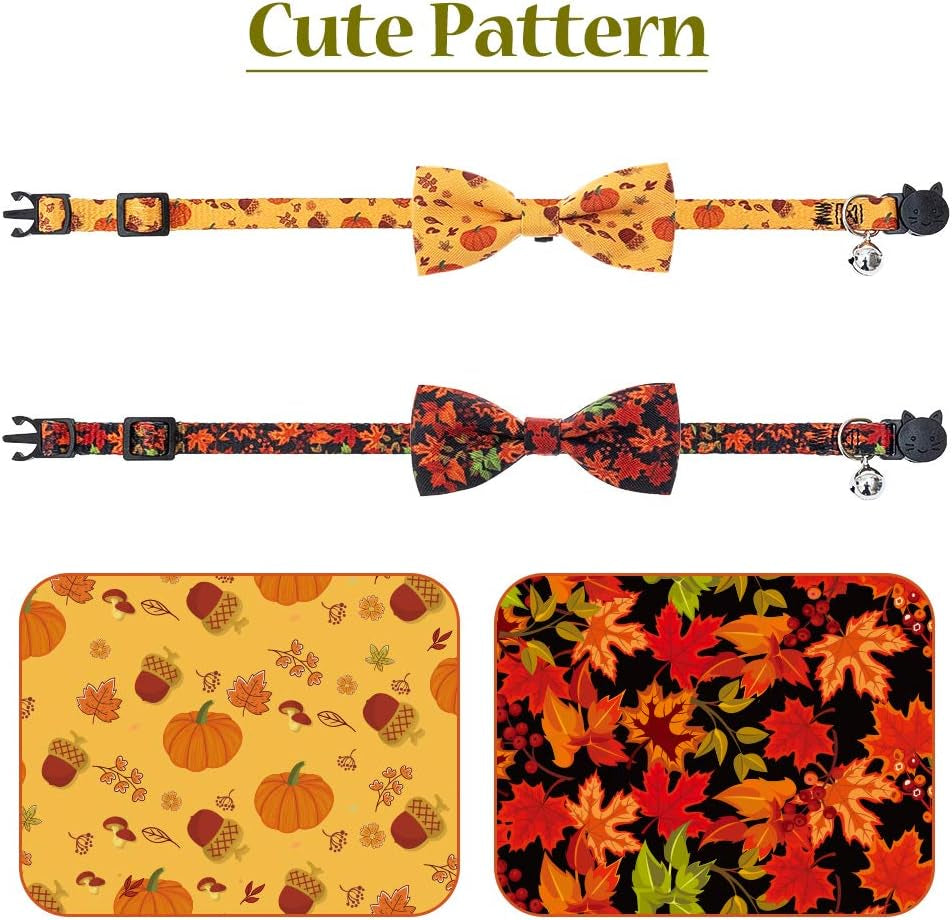 Thanksgiving Cat Collar Bowtie - 2 Pack Cute Floral Fall Pattern Pet Breakaway Collars with Clear Bell for Cats Puppies Kittens, Maple Leaves & Pumpkin, Summer and Autumn