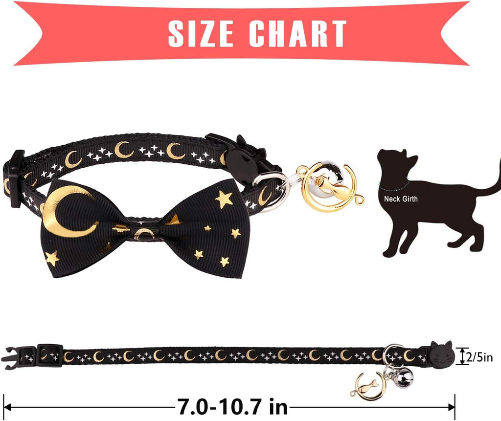 2 PCS Breakaway Cat Collar with Bow Tie and Bell Golden Moon Glowing Star in the Dark for Kitten(Black&Pink)