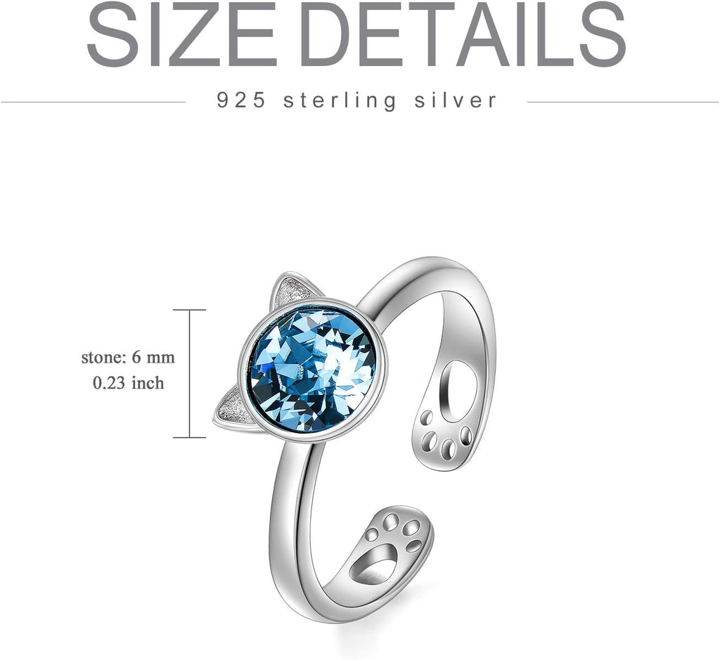 925 Sterling Silver Cat Ring Cute Kitty Animal Ring for Animal Lovers Women Teen Girls Mom, Made with Austrian Crystal