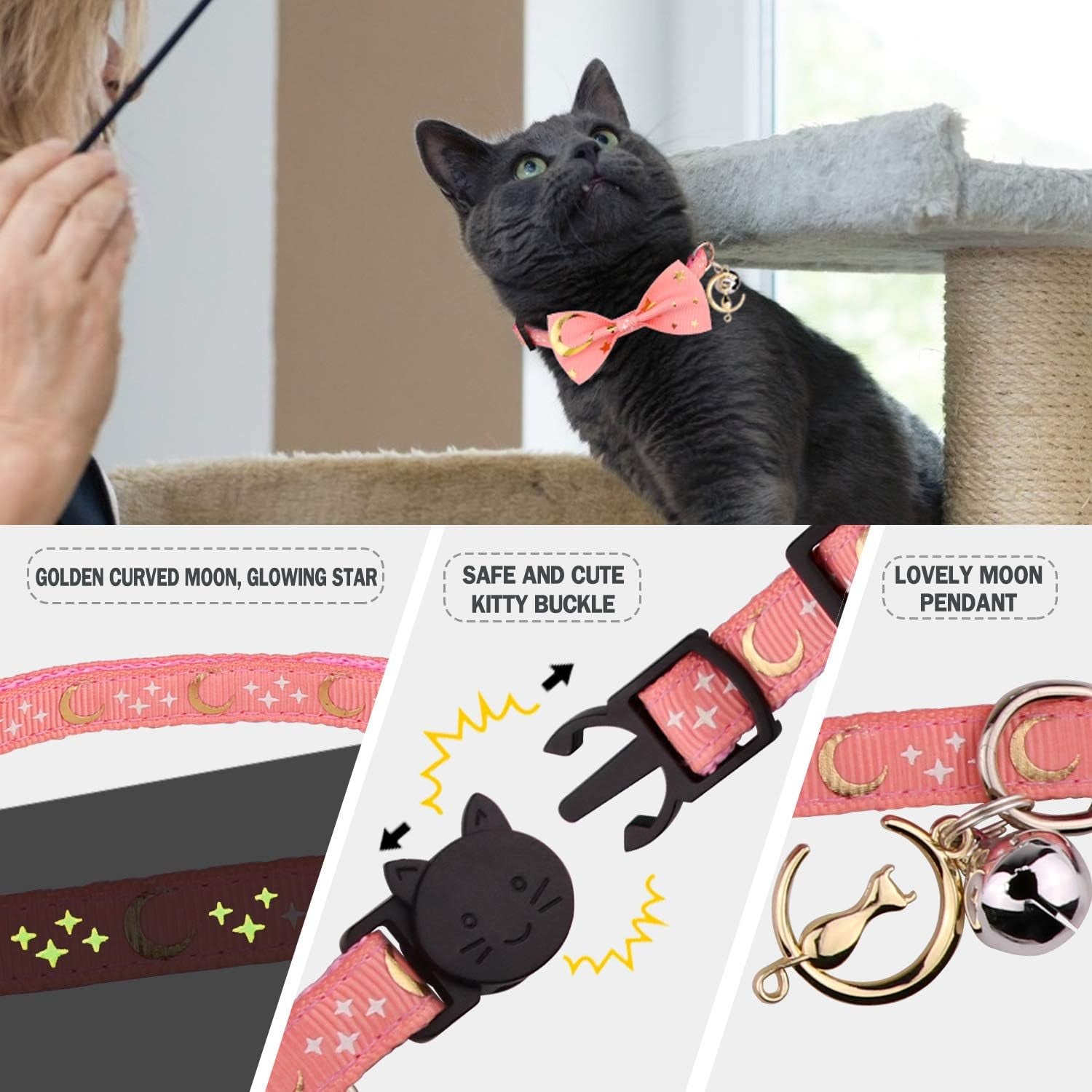 2 PCS Breakaway Cat Collar with Bow Tie and Bell Golden Moon Glowing Star in the Dark for Kitten(Black&Pink)