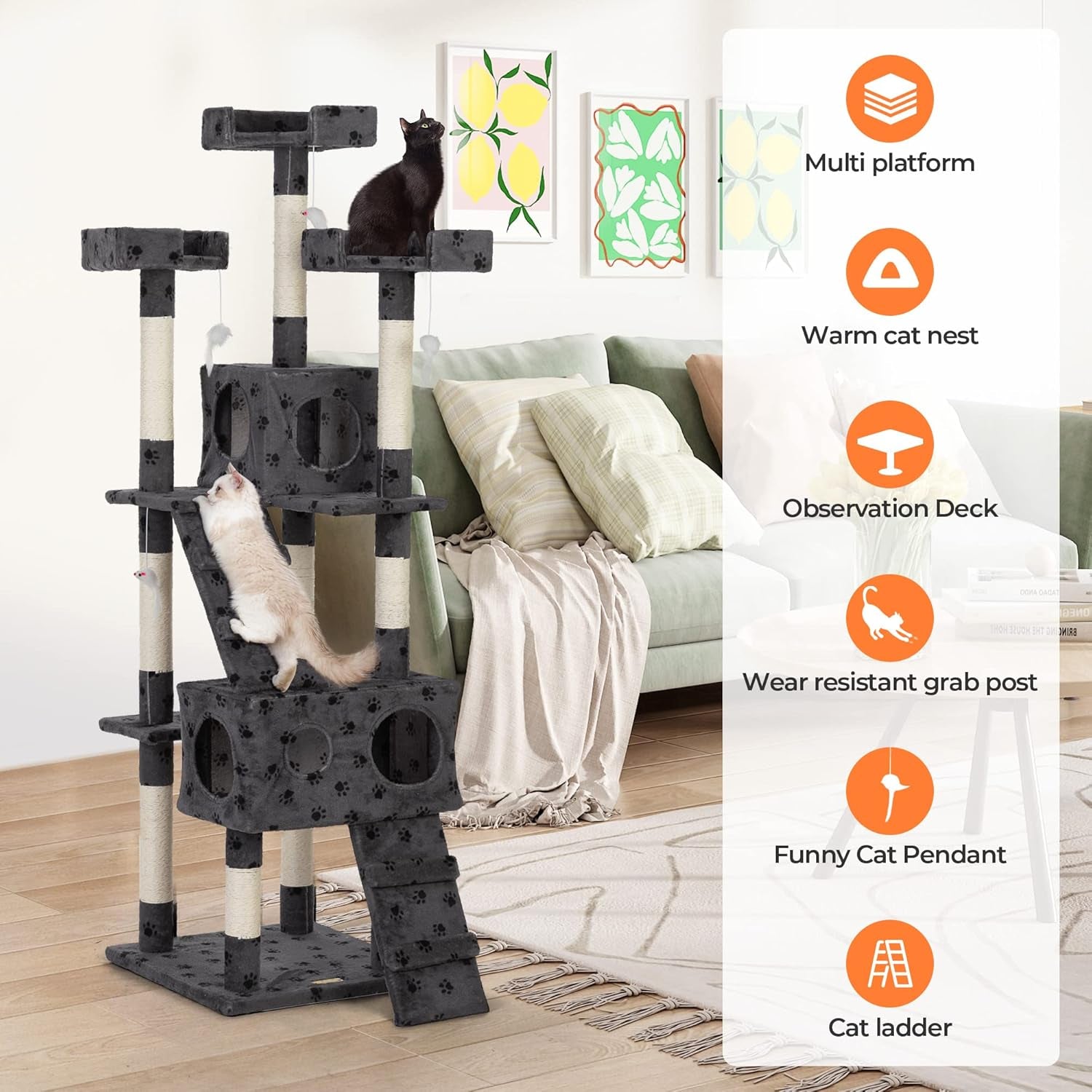 67” Tall Cat Trees and Towers with Scratching Posts Condos Hammock Resting Perch, Indoor Pet Activity Furniture Play House for Large Cats Kitty Kitten