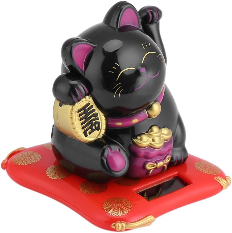 Solar-Powered Waving Cat - Feng Shui Decor, Good Luck Wealth Home Display Car Decor - Black