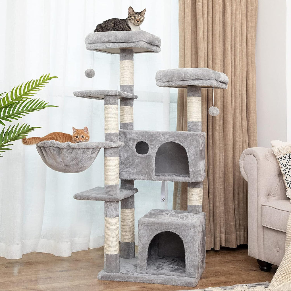 Cat Tree, 57 Inch Cat Tower with 2 Plush Condos and Sisal Scratching Post, Cat Furniture for Kitten and Pet, Release the Nature of Cat, Stable House with Anti-Toppling Kit, Light Gray LG05MCT03